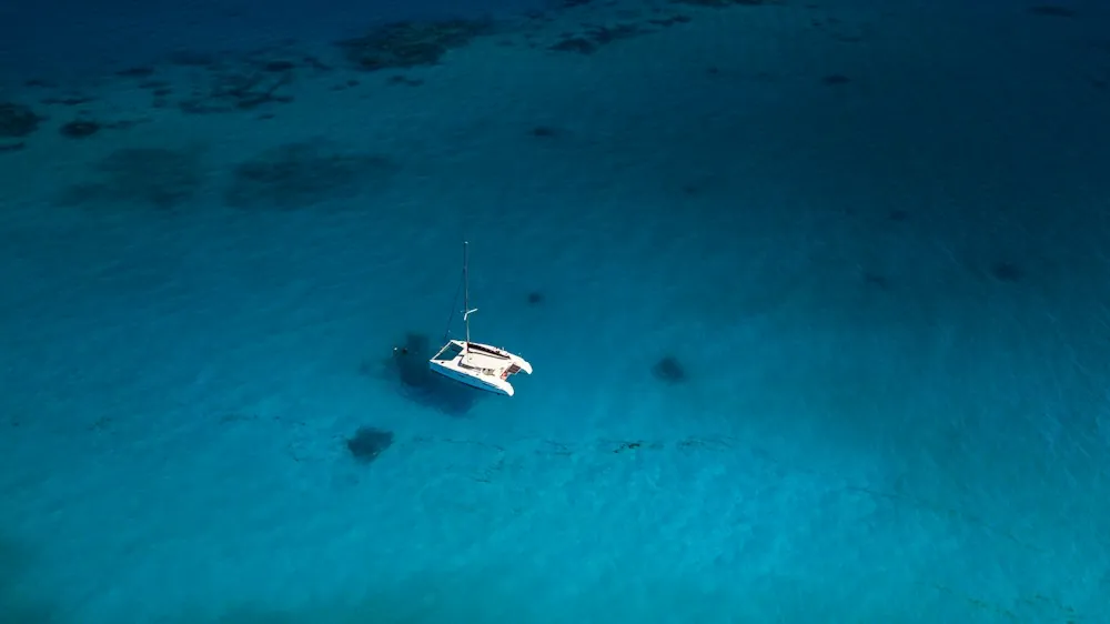 Aerial view of a small catamaran on deep blue water